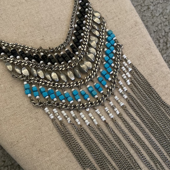 Turquoise, Black, White Beaded Chain Metal Statement Necklace - Picture 4 of 6